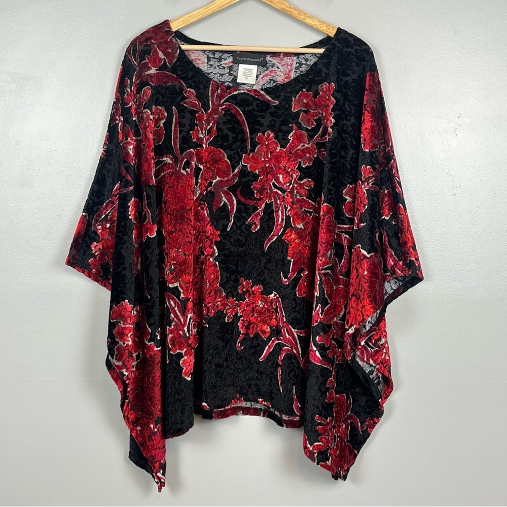 Travel Elements red & black velvet burnout poncho style blouse top, size 2X.
